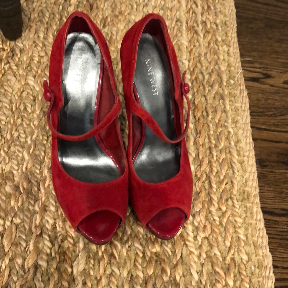 Red suede peep toe high heeled Mary Janes
